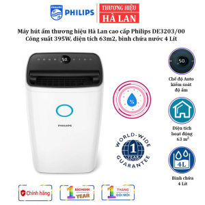 [Bảo hành 12 tháng] Máy hút ẩm Philips DE3203/00 Công suất 395W zbình chứa nước dung tích 4 lít Diện tích áp dụng 63m2 - Hàng Nhập Khẩu Hà Lan