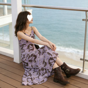 2026 New Summer Women Purple Floral Print Camisole Waist Cinched Slim ElegantDress