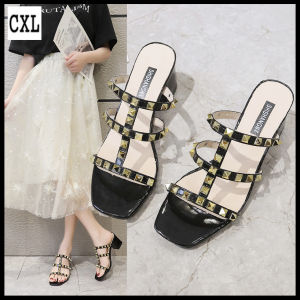 geyunya Brand Fashion Slippers Beautiful 2.16 Inches Mid High Heels Rivet Inlay Big Size Sandals For Women (Size 34-43)