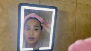 Shower Mirror Fogless for Shaving Heated Shower Mirror with 3 Color Lights Dimming 9.5*8inch Shower Shaving Mirror Lighted Shower Mirror Large Antifog Shaving Mirror with Storage Tray & Razor Holder
