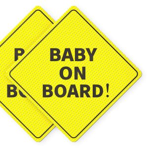 Baby On Board Sticker Sign - Essential for Cars - 2 Pack 5" by 5" - Bright Yellow and SEE-THROUGH when Reversing - Best Safety Signs - No Need for Suction Cup or Magnet - Durable and Strong Adhesive