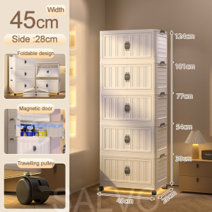 SALVO Installation Free Storage Cabinet Home Living Room 45/55/65/75CM Cream Color Multi-Layer Plastic Snacks Toys Clothes Books Foldable Storage Cabinet Storage Cabinet Simple Installation Foldable Magnetic Suction Door