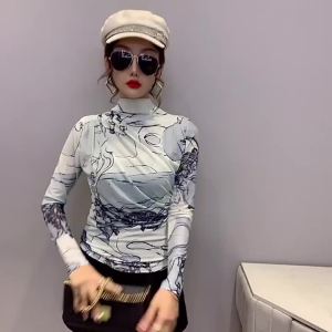 Turtleneck Clothing Lace Slim Woman T-Shirt Graphic Top For Women Mesh Tshirt Long Sleeve Whole Tee