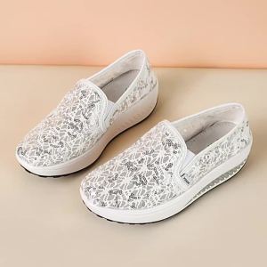 FE Summer Casual Black Womens Wedge Fashion Pure Color Sequins round Toe Slip-on Lace Rocking Shoes 1508