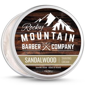 Rocky Mountain Barber Company Sandalwood Shaving Cream for Men 5oz Sandalwood Scent Extra Thick Lather For Traditional Straight Razor & Cartridge Shaving Apply with Hands or Brush