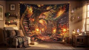 Forest Library Tapestry Tree Bookshelf Tapestry Wall Hanging Vintage Fantasy Fairy Treehouse Book Large Tapestry Suitable for Bedroom Living Room Wall Cloth