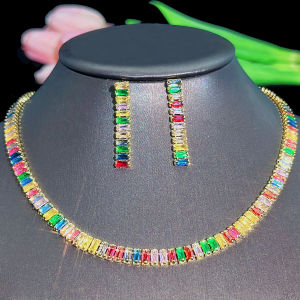SEQUITO Excellent Mix Colorful White Gold Plating Party Prom Jewelry Set with Women Baguette Cut Multicolor AAA Cubic Zircon Stones Chain Choker Necklace Drop Earrings Sets SJ390