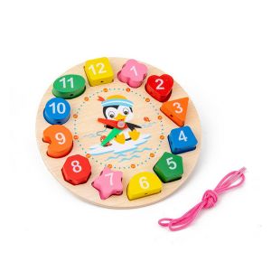 Bunda Choice-M330 Mainan Kayu Anak Puzzle Jam Kayu Motif Penguin Wooden Clock Game / Mainan Edukasi