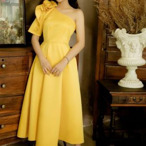 MyDu Shop | Đầm Xòe Dài Dự Tiệc MS 2467 – Vai Xéo Đính Hoa Hồng Chất Phi Tapta Sang Trọng