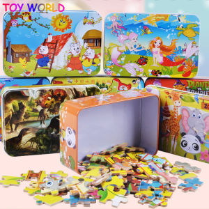 100PCS Wooden Puzzle Game Cartoon 3D Wood Puzzle Jigsaw Toys Early Educational Toys For Children Kids Gift (With Iron Box)