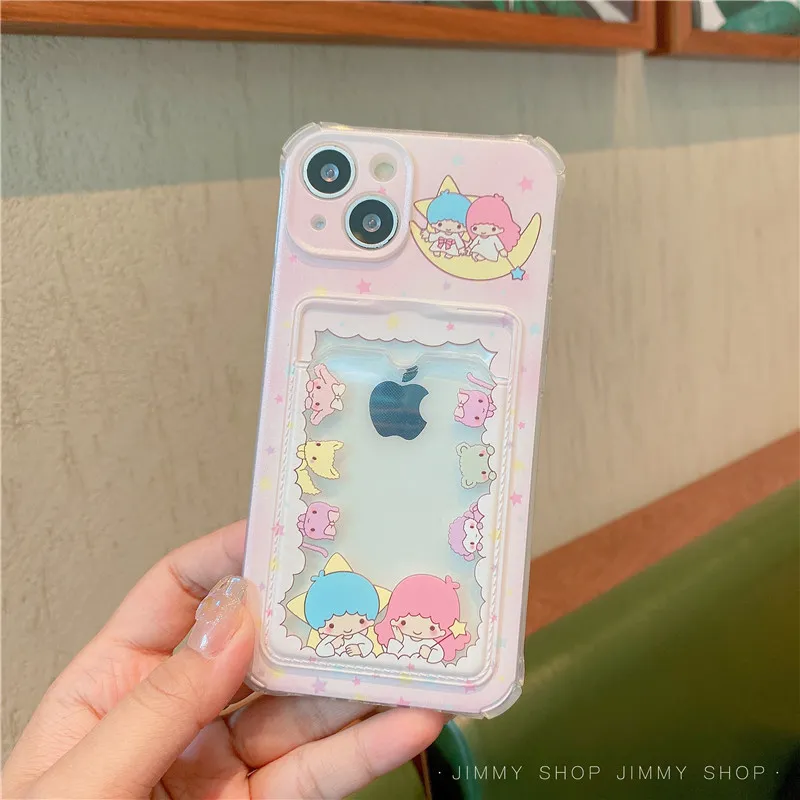 Cartoon Lovely Hello Kitty Gemini Little Twins Star Mobile Phone Case with  Card Holder For iPhone 16 Pro Max 15 Pro Max 14 Pro Max Plus Soft Phone