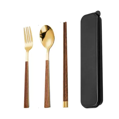 GOXBERK 4PCS/Set Wooden Handle Portable Tableware Set with Box Stainless Steel Fork Spoon and Chopsticks Set Handy Japanese Cutlery Set Travel