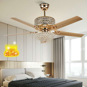 Quạt trần đèn 5 cánh trang trí phòng khách mạ vàng 24k có điều khiển từ xa 6 cấp gió xoay đảo chiều hút ẩm tiện lợi