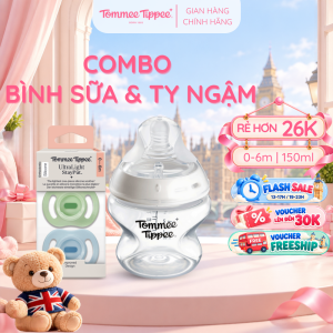 COMBO Ty Ngậm Silicon Siêu Nhẹ Cho Bé Tommee Tippee Ultra Light 0-6m & Bình Sữa Ty Siêu Mềm Tommee Tippee 150ml