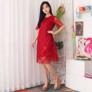 Midi Dress Pesta Kondangan Brukat Tile LILI / Party Dress Casual Tille Bordir Gereja Ibadah