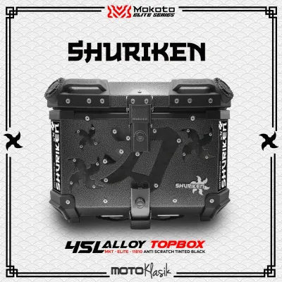 MOKOTO ELITE SERIES 45L SHURIKEN DESIGN ALLOY TOP BOX DOUBLE LOCK SILVER / BLACK HEAVY DUTY REAR TAIL BOX FOR MOTORCYCLE