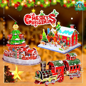 ImSawasdee คริสต์มาส 3D จิ๊กซอว์ รถไฟคริสต์มาส ปลอดภัยไม่บาดมือ พร้อมคู่มือการเรียนรู้ จิ๊กซอว์ไม้ฝึกสมองเด็ก
