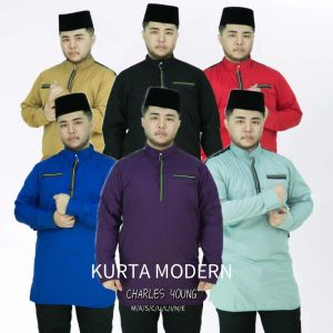 Cy 9101 Kurta Modern Dewasa Baju Melayu Muslim Muslimin Wear/Royal Blue/Chili Red/Dark Purple/Mint Green/Black