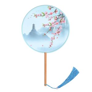 TLE96110 Long Handle Ancient Style Fan Vintage Printing Half Transparent Round Hand Fan Tang Suit Silk Embroidered Embroidered Fan Childrens Summer
