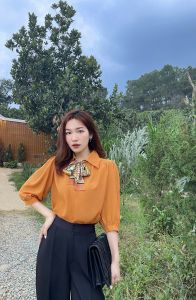 [Voucher 15% MOV 199K cap 100K Áo sơ mi kiểu tay lỡ HeraDG thiết kế nơ lụa cổ rời áo suông nhún vai thanh lịch chất liệu xanh Recycle SASBC3005