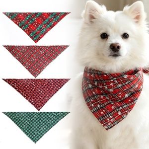 JKDESIGN Polyester Cotton Christmas Pet Triangle Scarf Plaid Soft Dog Saliva Towel Washable Snow Print Dog Bandanas Christmas