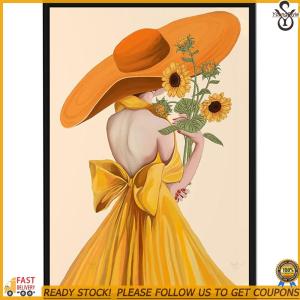 [YoungStyle] Sunflower Girl Cross Stitch Canvas Wall Art DIY Embroidery Kit Bright Yellow Colors Home Decor for Living Room Bedroom Wall Decoration
