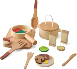 Childrens Kitchen Set Wooden toy Kitchen Accessories Toddler Pretend Baking Cooking toy Set Cookware Learning Toy with Play pot and pan Montessori Toy Childrens Gift Set