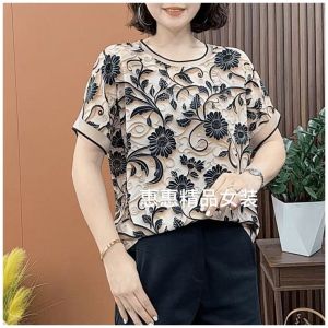 3D Flowers Printed Round Neck Short Sleeve Blouse Thin Summer Clothing Loose Tops