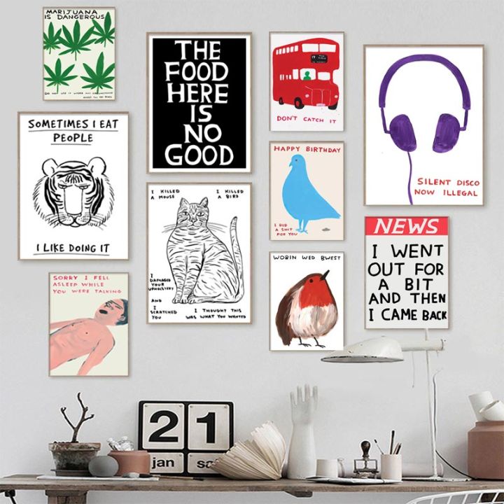 Áp phích trừu tượng David shrigley tranh tường hình ảnh hổ Tai nghe cua Kem mèo Tranh vải bố trang trí phòng khách