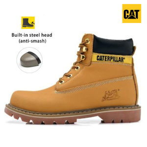 Caterpillar Classic Men Genuine Leather Boots Steel Toe Safety Shoes Plain Color Drop Resistant Waterproof Work Boots