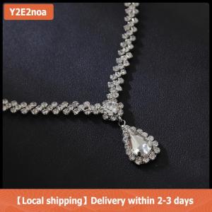 【Local shipping】 Fashion Simple Water Drop Crystal Rhinestone Necklace Earrings For Women Wedding Bride Light Luxury Jewelry Sets Accessories