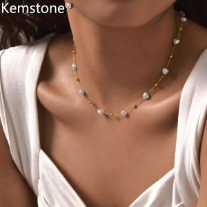 Kemstone Heart-shaped Pearl Bead Stainless Steel Necklace Golden Lockbone Chain French Style Womens Jewelry