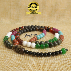 TASBIH NUSANTARA Tasbih Batu Akik Alam Yaman Sulaiman Giok Tiger Eye Marjan Pirus Lava Pasir Emas ASLI Original Pancawarna 99 Butir Mewah