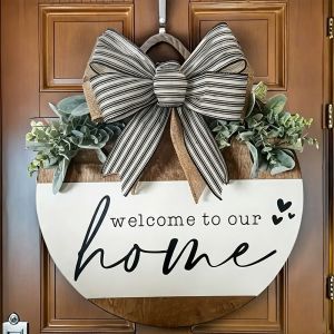OKKFINE 2D Flat 2D Round Welcome Sign Retro Style Warm Home Hanging Wooden Board Hanging Plaque Front Door Decor