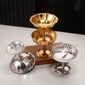 CHENJIE Food Grade Stainless Steel Dessert Bowl Reusable Retro Style Snack Serving Dish Multi-functional Mini Round High Footed Ice Cream Cup Fruit Yogurt