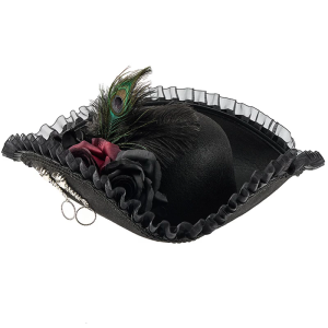 Historical Costume Pirate Hat for Adult Lace Trim Feather Flower Capatain Tricorn Hat for Masquerades Party Dressingup