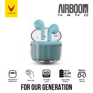 VYATTA AIRBOOM NANO TWS BLUETOOTH HEADSET TRANSPARENT MINI POWERCASE GAMING MODE 16 IN 1