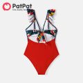 PatPat Family Matching Floral Print & Solid Spliced Ruffle Trim One-piece Swimsuit and Swim Trunks. 