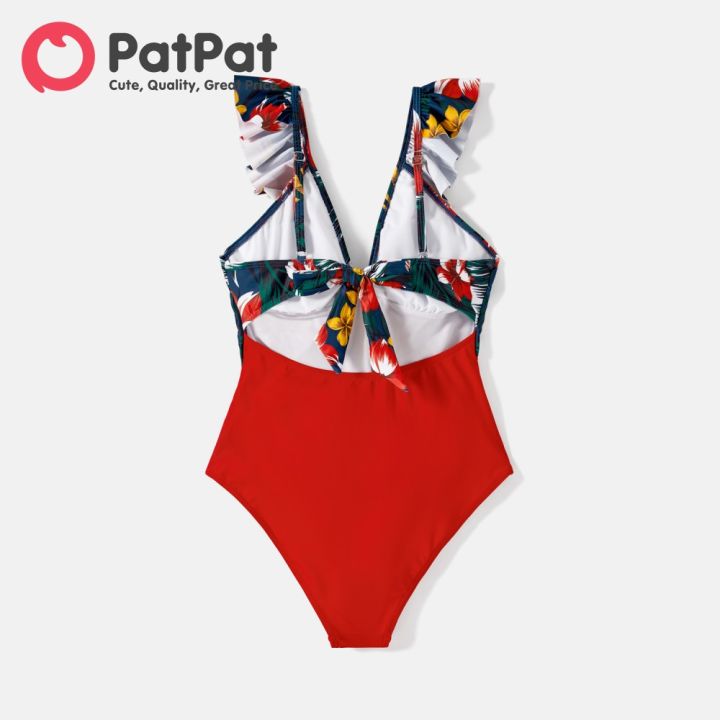 PatPat%20Family%20Matching%20Floral%20Print%20&%20Solid%20Spliced%20Ruffle%20Trim%20One-piece%20Swimsuit%20and%20Swim%20Trunks%20-%20Image%204