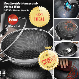 34CM DOUBLE-SIDED High-end Multiple-ply 18/10 Surgical Stainless Steel Nonstick Full Honey Comb structured Stir-Fry Pan Scratch-Resistant Wok + Lid