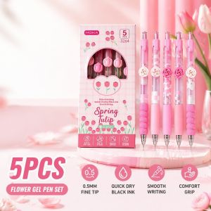 Cute Aesthetic Retractable Flower Gel Pen Set Black 0.5mm Quick Dry Ink School Journal Supplies