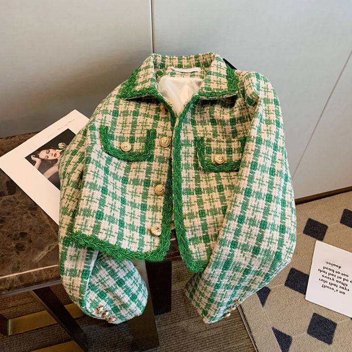 Women Jacket Small Fragrance Green Plaid Coat Spring and Autumn French  Retro Fashion Versatile Lapel Splicing Short Top Casual Jacket
