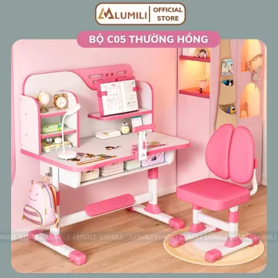 Bàn học chống gù chống cận trẻ em Lumili C05 plus phiên bản nâng cấp nâng hạ tay quay mới thiết kế kệ sách thông minh