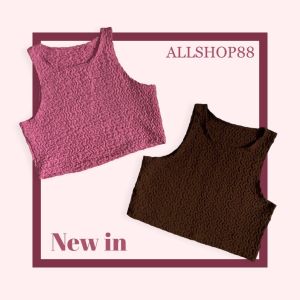 เสื้อกล้ามครอป ผ้าอัดยับ เสื้อครอปคอกลมเว้าแขน ผ้าย่นสไตล์เกาหลีแฟชั่นสุดฮิต อก32-38"