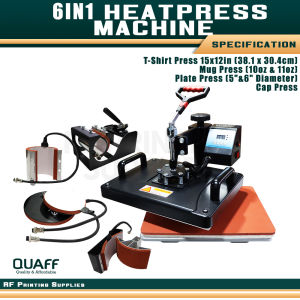 RF Printing Supplies - QUAFF Heat Press 6-in-1 Machine | for T-Shirts Mugs Caps & Plates