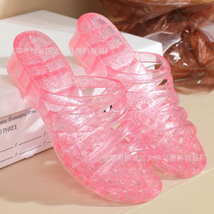 [Free Shipping] New Summer Styles: Mid-Heel Sandals For Moms Crystal-Embellished Indoor/Outdoor Slippers Non-Slip Bathroom Slippers And Plastic Beach Sandals