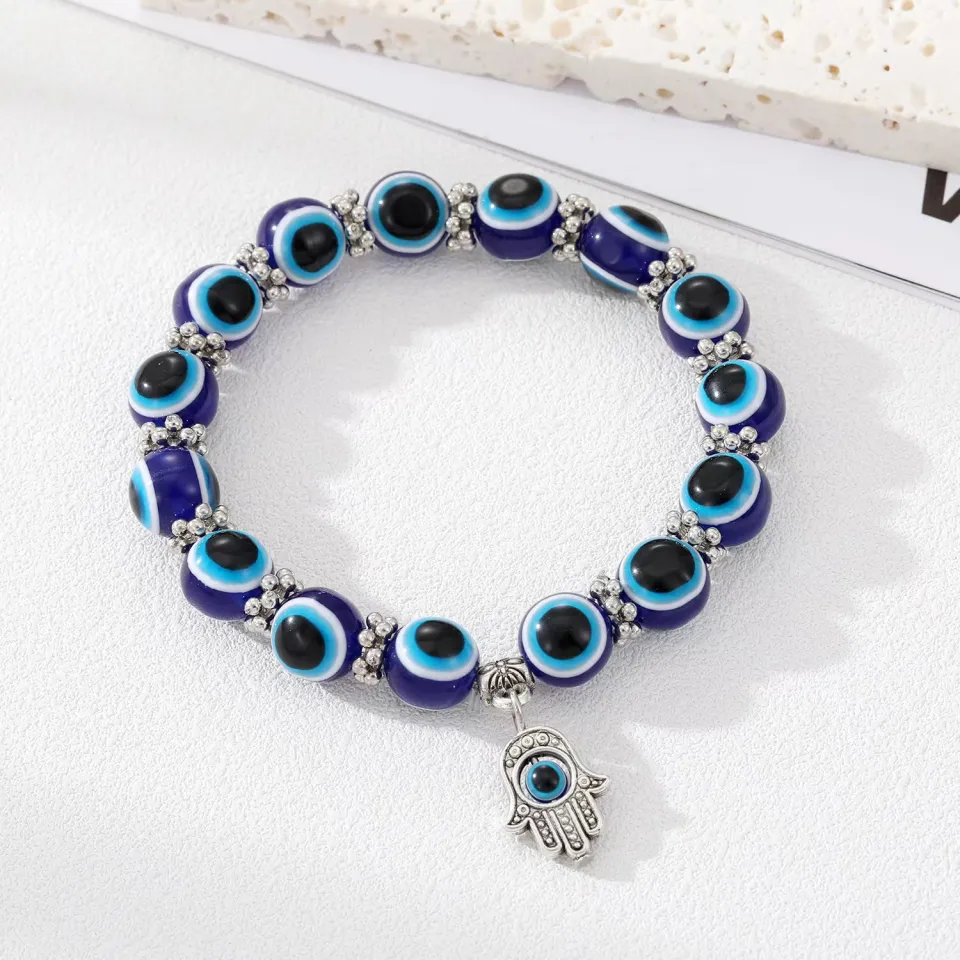 2-Pack Evil Eye Bracelets – Stretch Beaded Hamsa Hand Charm Bracelets For Protection & Good Luck