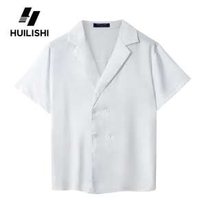 Korean retro houndstooth short-sleeved shirt mens loose Korean version of niche design ins Internet celebrity light mature style shirt Drape Silky Suit Collar