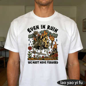 [Local Stock] HBESTY  Even In Ruin We Must Move Forward Skeleton Castle Rose Men Summer Cotton T Shirt Dark Vintage Motivational Graphic Tee