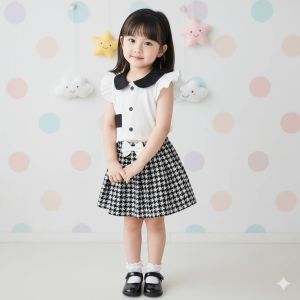 🎀 ชุดคู่เซ็ต 2 ชิ้น! เสื้อ+กระโปรง/มินิเดรสลาย Houndstooth ขาวดำ | ชุดเด็กหญิงเกาหลี สุดน่ารัก | ผ้าคอตตอนนิ่ม 1-5 ปี พร้อมส่ง!